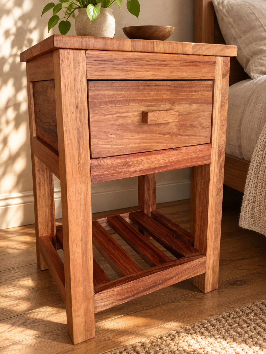 Mesa de luz de madera maciza con cajón y estante de listones