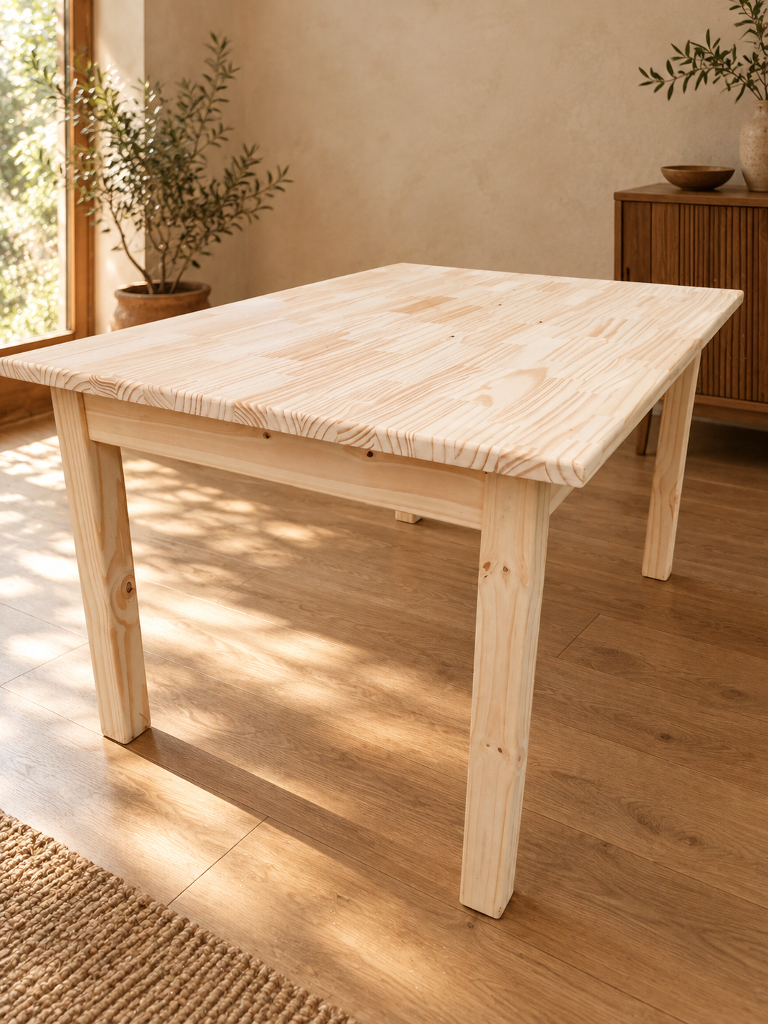 Mesa estilo campo de madera con tiradores de latón