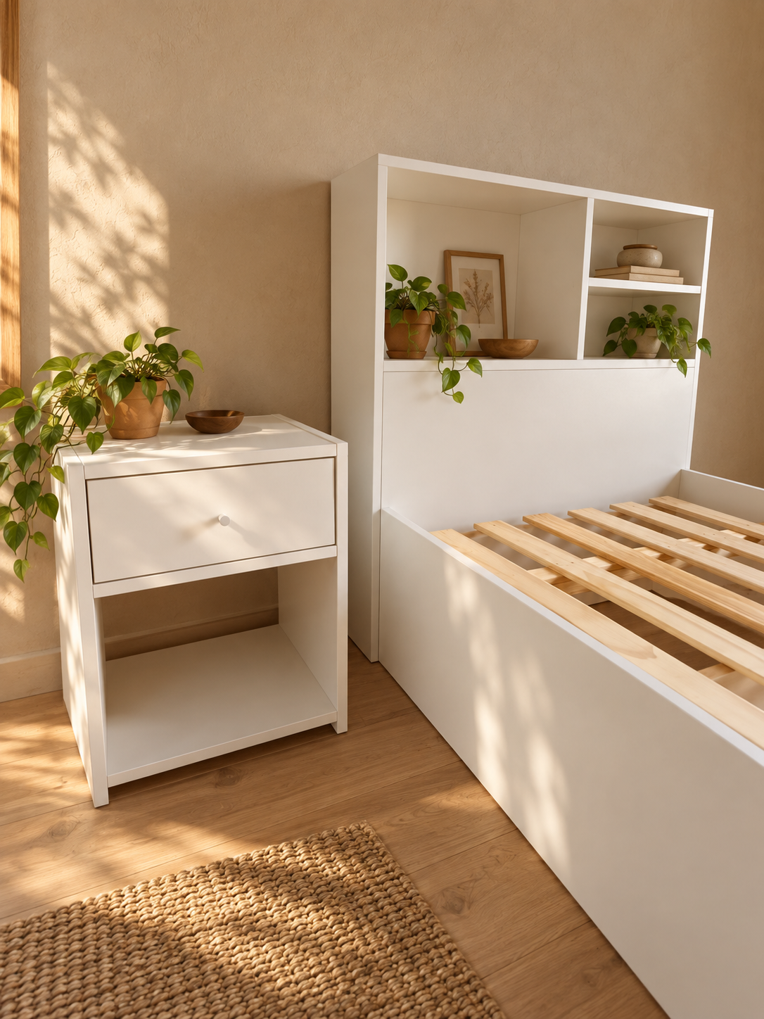Juego de mesa de luz y cama en el ambiente
