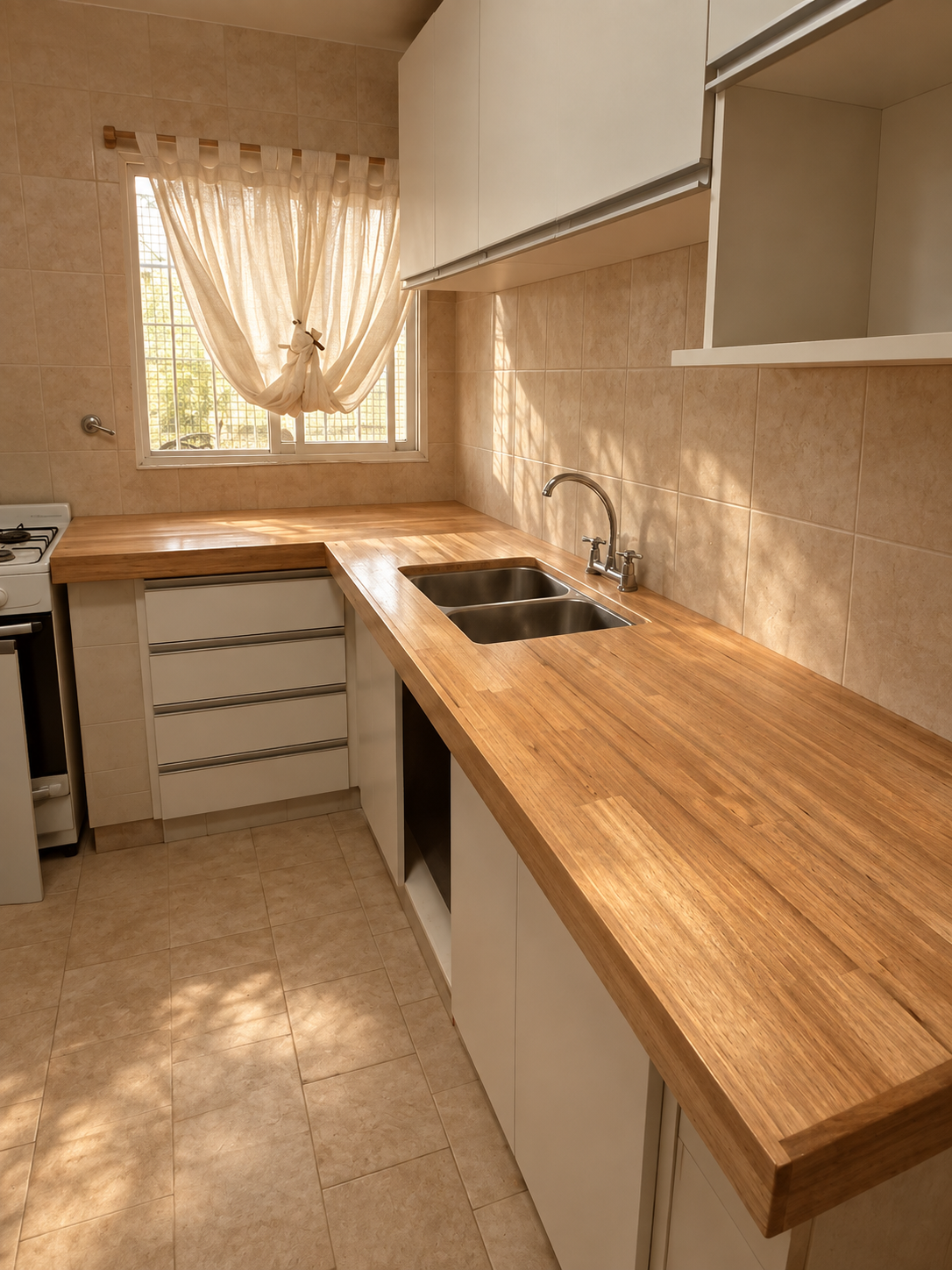 Cocina con mesada de madera y azulejo blanco