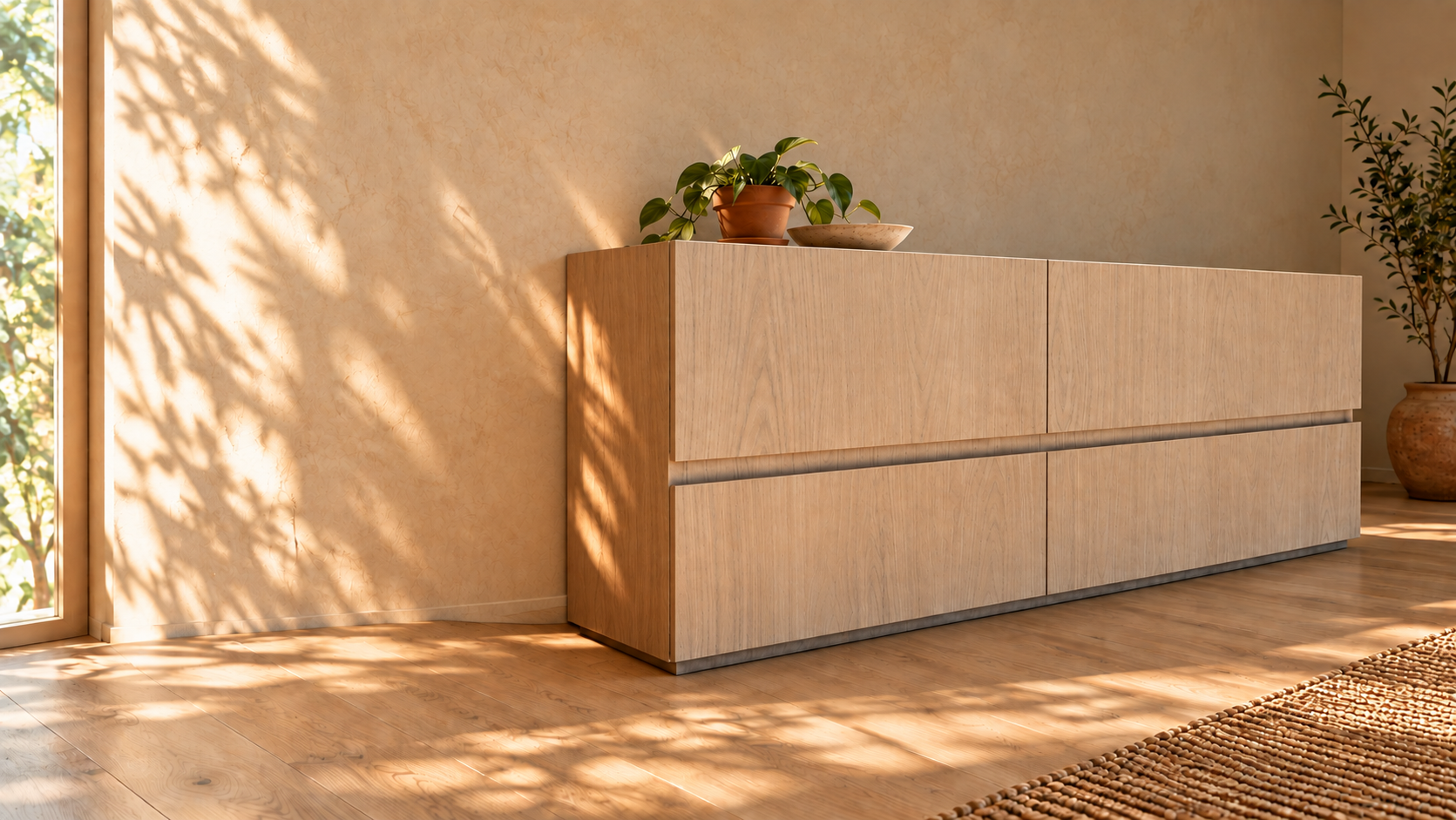 Mueble bajo de roble claro en un ambiente cálido con luz filtrada